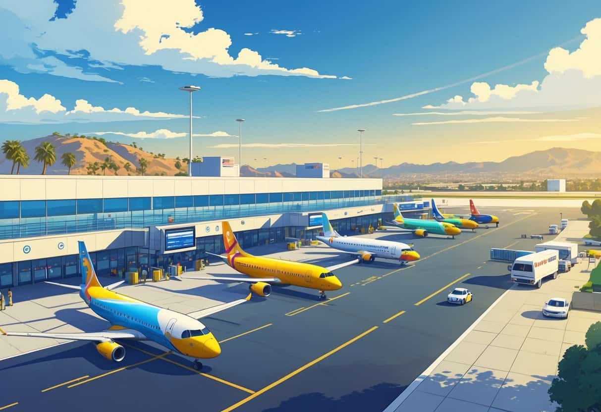 Airport scene in El Cajon with budget airplanes at gates, passengers, and ground vehicles under a sunny sky with city hills in the background.