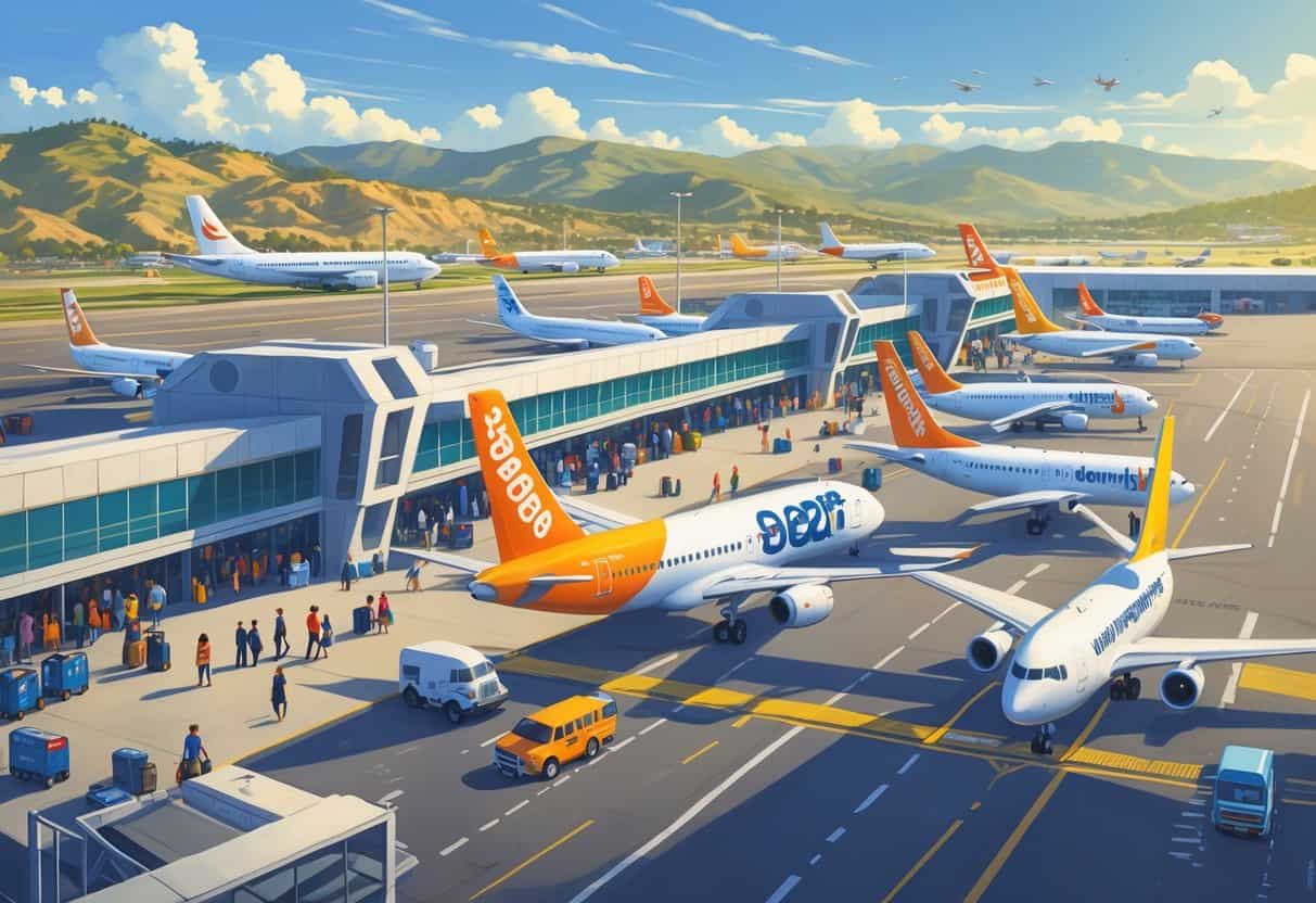 An airport scene in Escondido, California, showing budget airline airplanes at gates with travelers and staff around, set against sunny hills in the background.