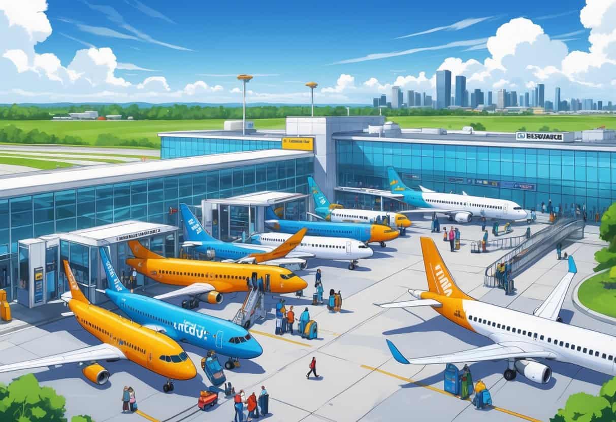 A busy airport in Fort Wayne with colorful budget airline planes at gates, passengers boarding and a city skyline in the background.