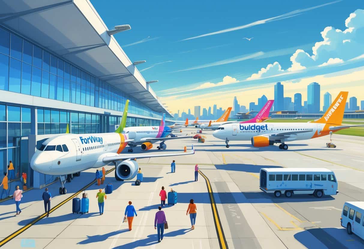 An airport scene in Fort Wayne with budget airplanes at gates, travelers with luggage, and the city skyline in the background.