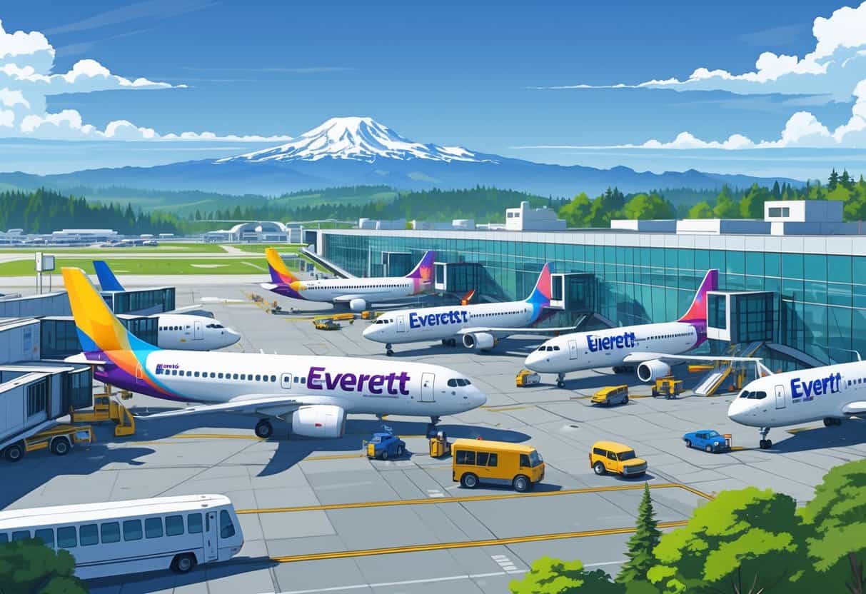 Airport scene in Everett, Washington with budget airline planes parked at gates, passengers boarding, and Mount Rainier visible in the background.