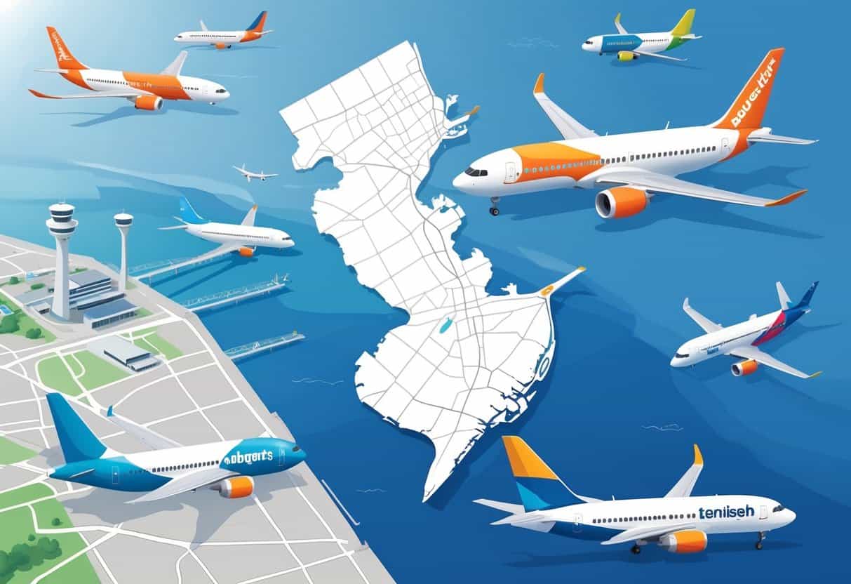 An illustration showing a map of Elizabeth, New Jersey with budget airplanes flying around and nearby airport and city skyline.