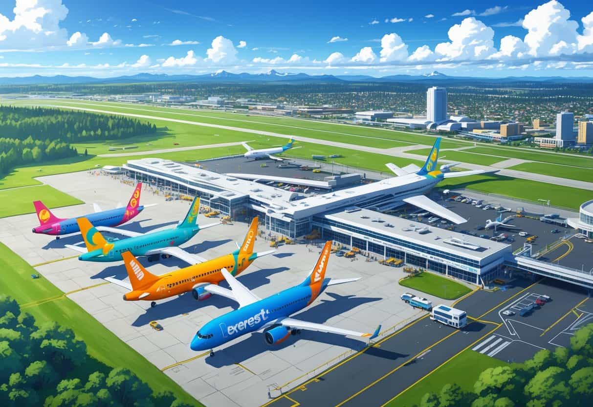 Aerial view of Everett airport with colorful budget airline planes at gates and runways, surrounded by the city and green landscapes.