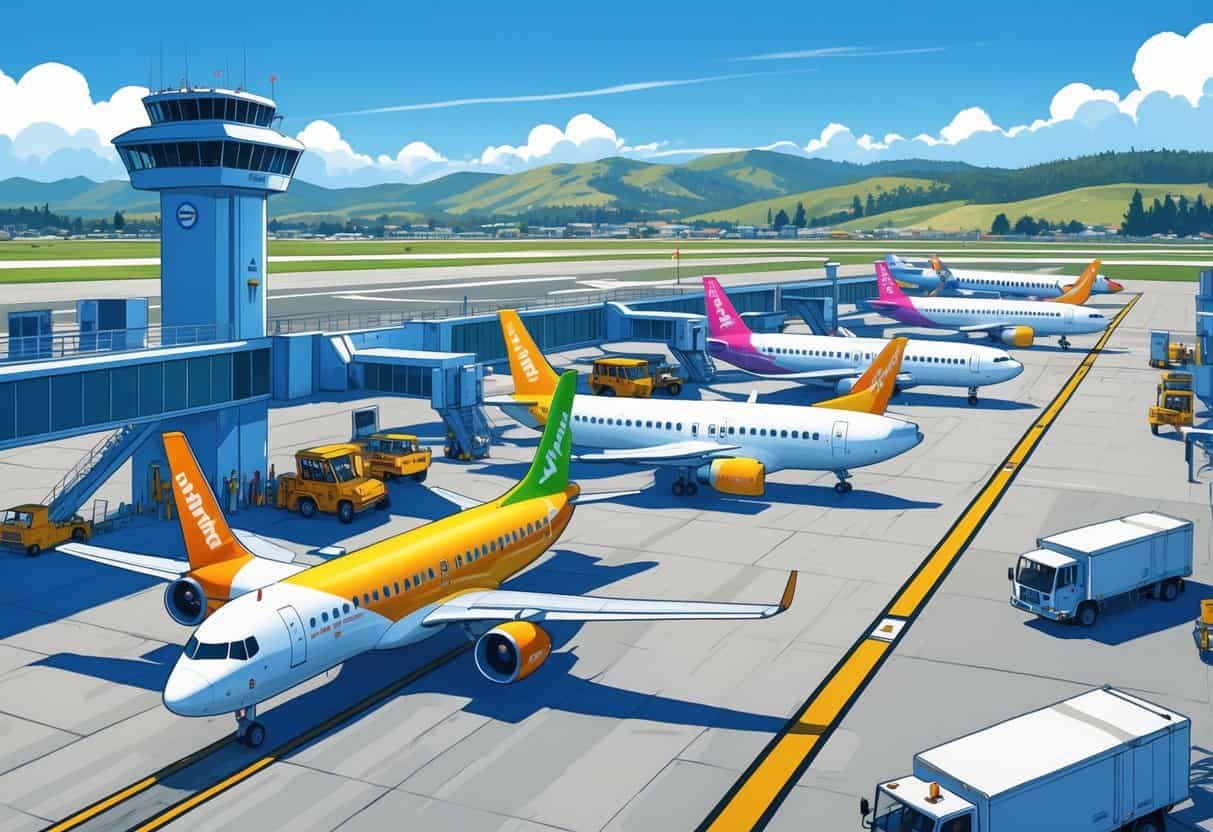 An airport scene in Fremont, California with several budget airline airplanes parked near the terminal and ground vehicles servicing them under a clear sky.