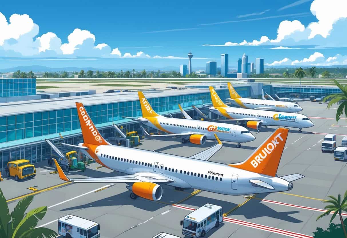 A busy airport near Fremont, California, with several budget airplanes parked at gates and airport vehicles operating on the runway under a clear sky.