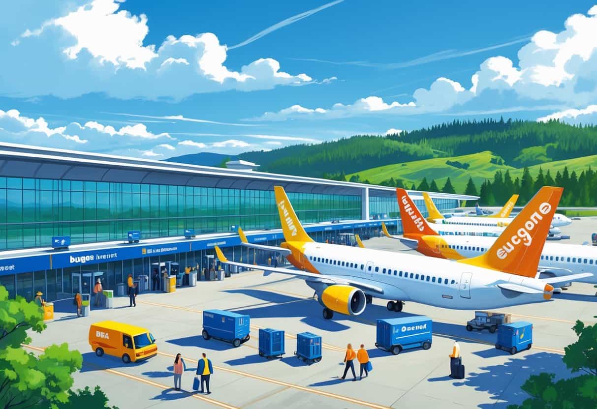 An airport scene in Eugene, Oregon with several budget airline planes parked at gates, passengers walking with luggage, and green trees and hills in the background.