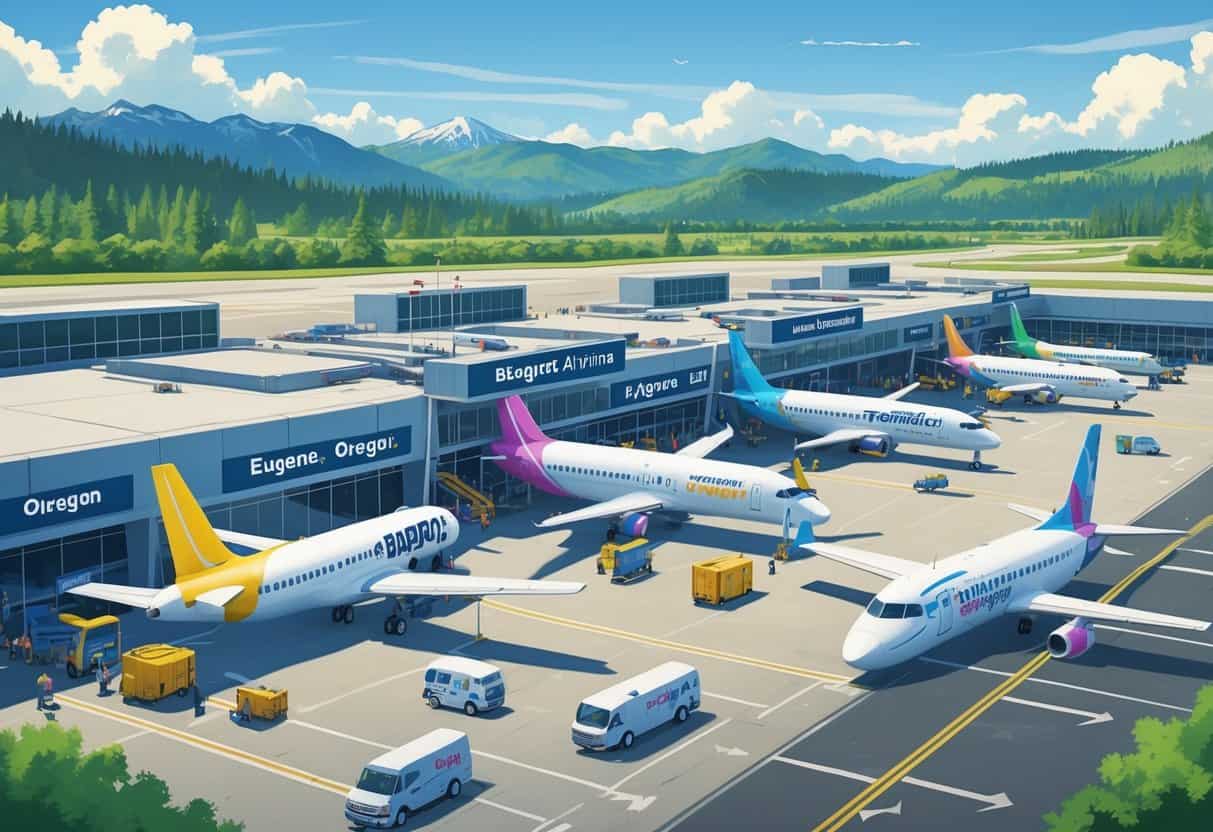 Airport scene in Eugene, Oregon showing several budget airplanes parked at gates with passengers and ground vehicles, set against a backdrop of green hills and mountains.