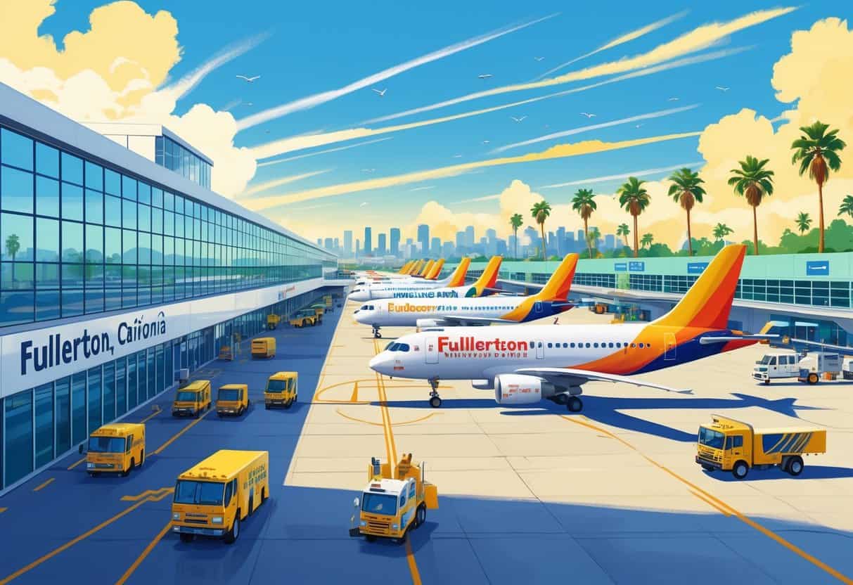 An airport in Fullerton, California with several small airplanes from budget airlines parked and taxiing, surrounded by palm trees and a city skyline under a sunny sky.
