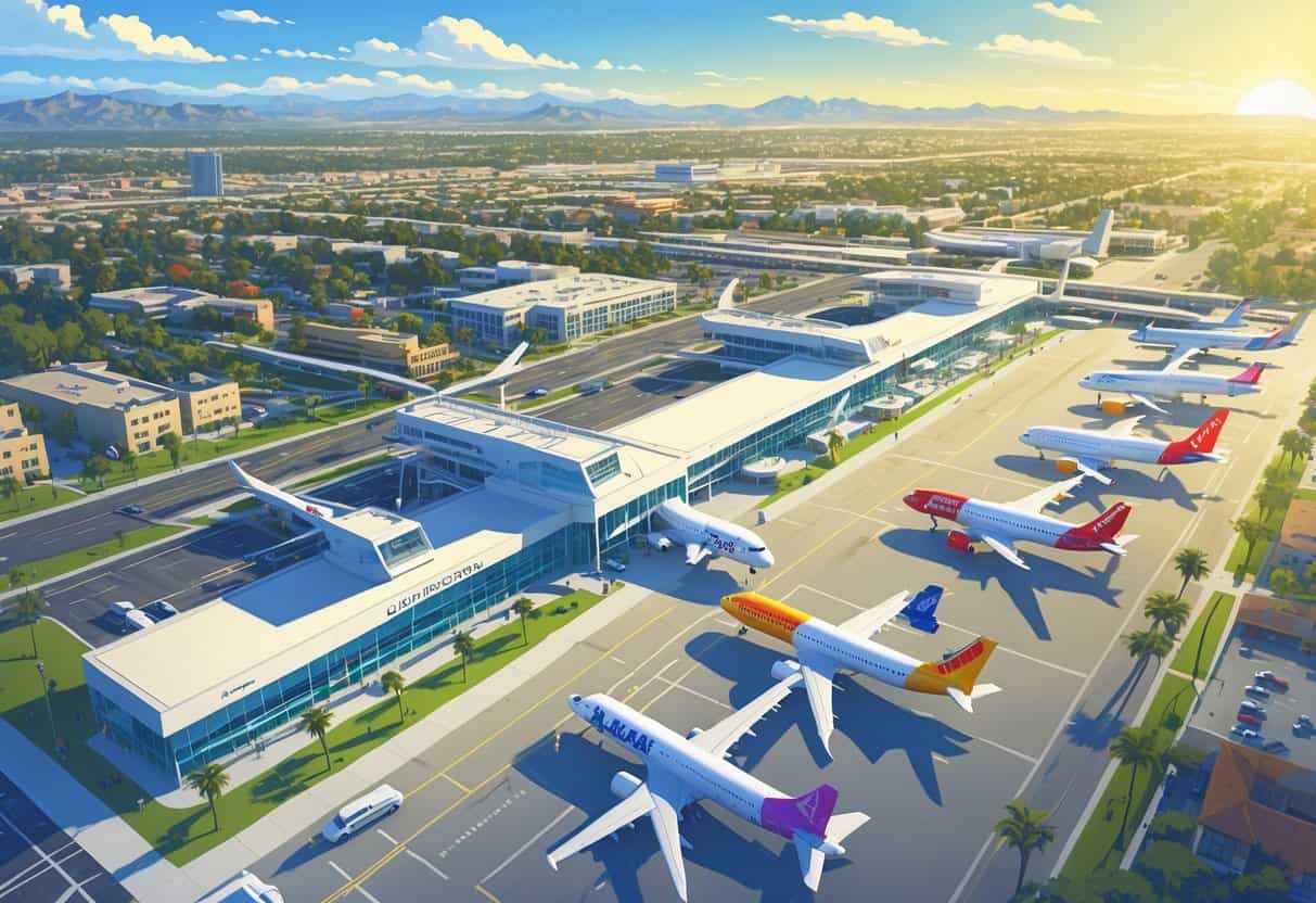 A detailed aerial view of Fullerton, California, showing an airport with several budget airline planes parked at gates, surrounded by the city with buildings, parks, and palm trees under a clear blue sky.