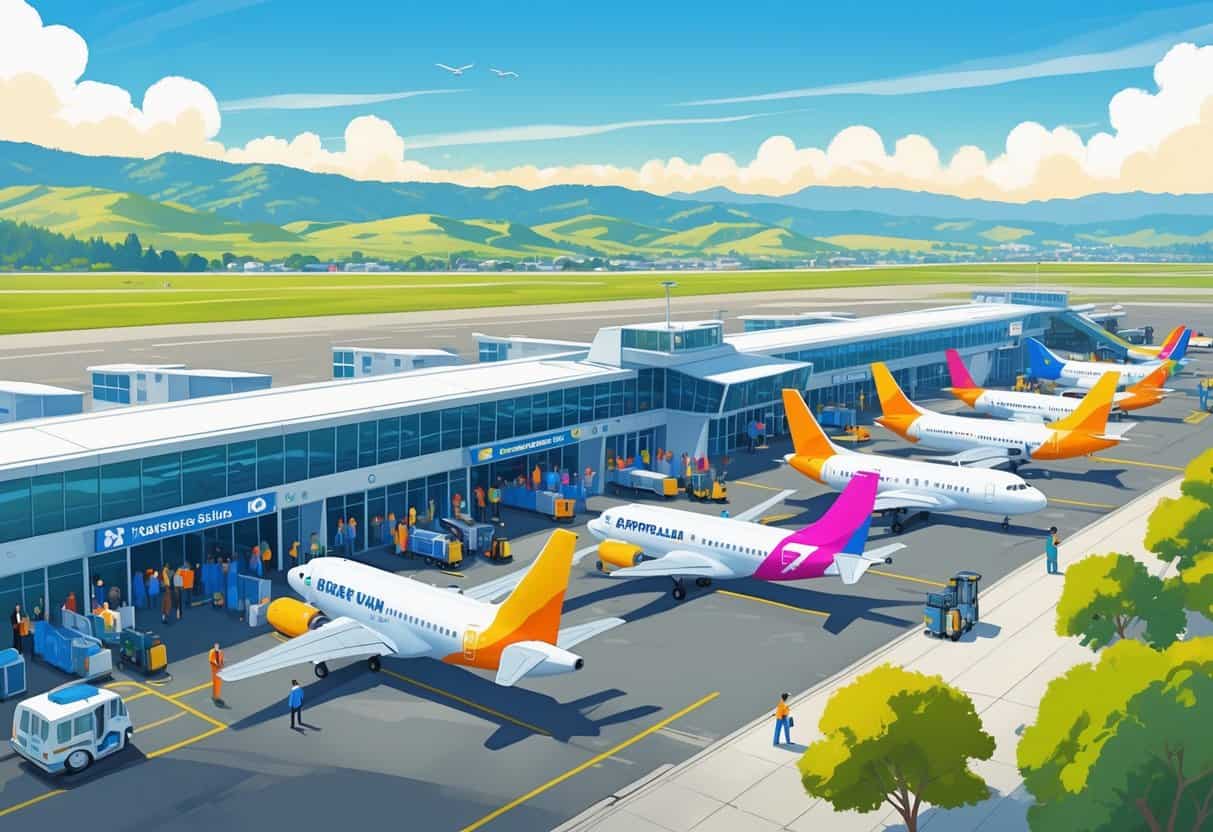 A busy regional airport in Fairfield, California with several budget airplanes parked and passengers boarding, set against hills and clear skies.