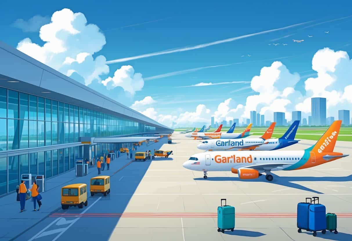 An airport scene in Garland, Texas with several budget airplanes parked and taxiing, passengers moving around, and a city skyline in the background.