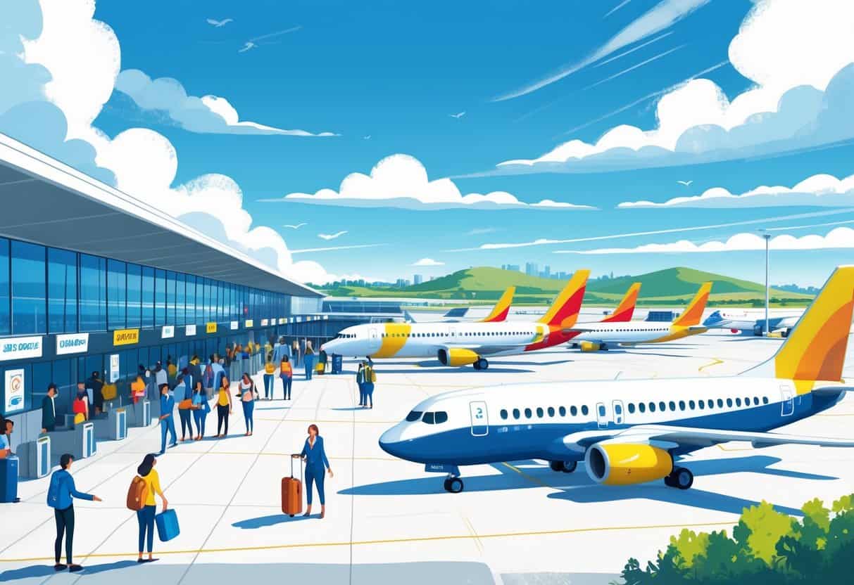 An airport scene in Fairfield, California with passengers boarding colorful airplanes near a modern terminal and hills in the background.