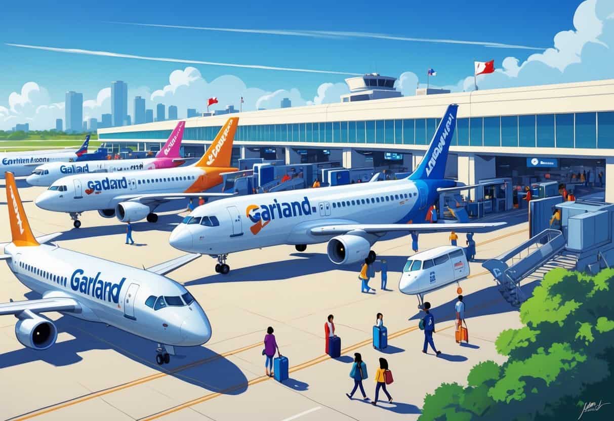 An airport scene in Garland, Texas with several budget airline planes at gates and travelers moving around the terminal.