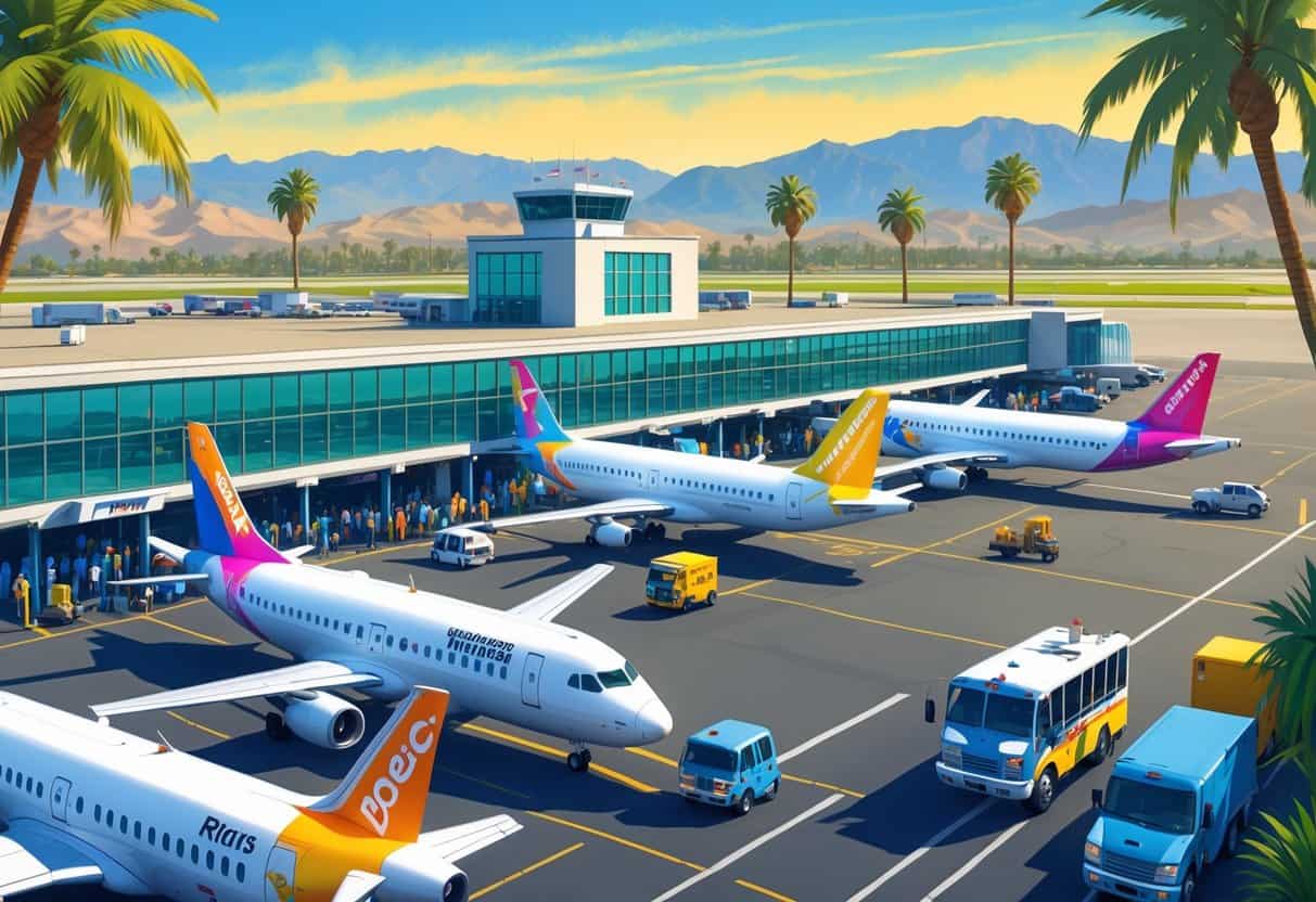 An airport in Fontana, California with budget airplanes parked and taxiing, passengers boarding, and mountains in the background.