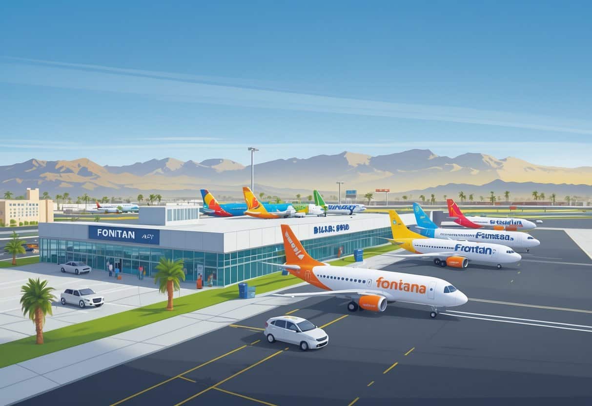 A small airport in Fontana, California with several budget airplanes parked on the tarmac, palm trees, nearby buildings, and mountains in the background.