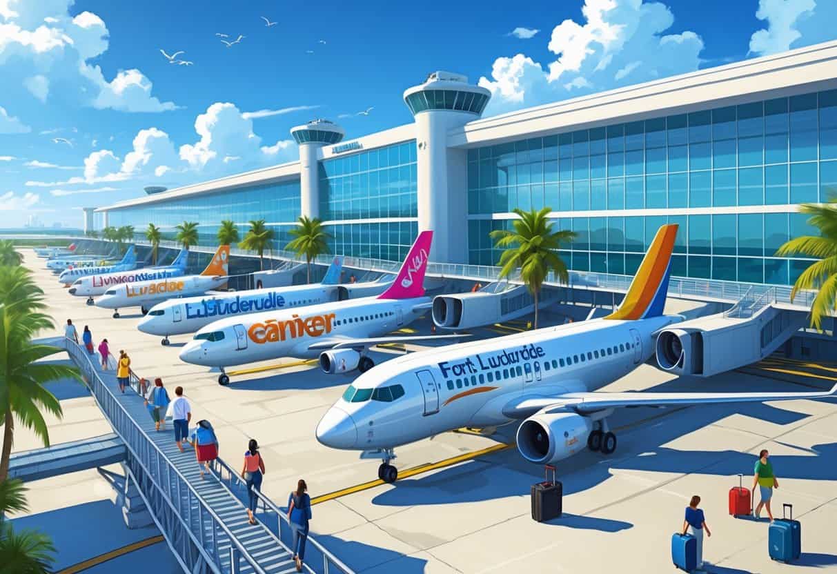 A busy airport in Fort Lauderdale with budget airline planes parked at gates, travelers walking on the tarmac, palm trees, and a sunny sky.