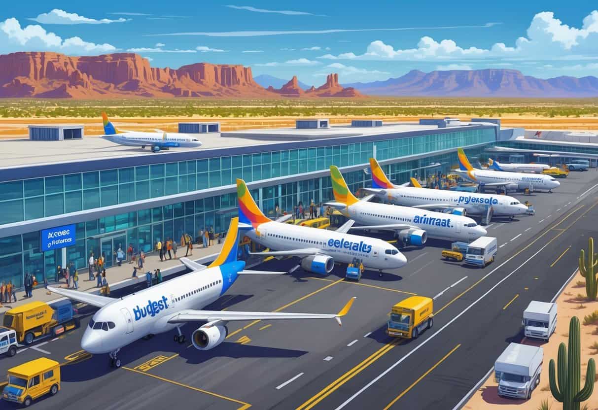 An airport in Glendale, Arizona with budget airline planes parked and taxiing, passengers walking, and desert mountains in the background.