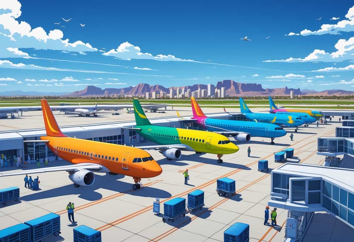 An airport scene in Glendale, Arizona, showing several colorful budget airplanes on the tarmac with passengers and ground crew, set against a city skyline and desert mountains.