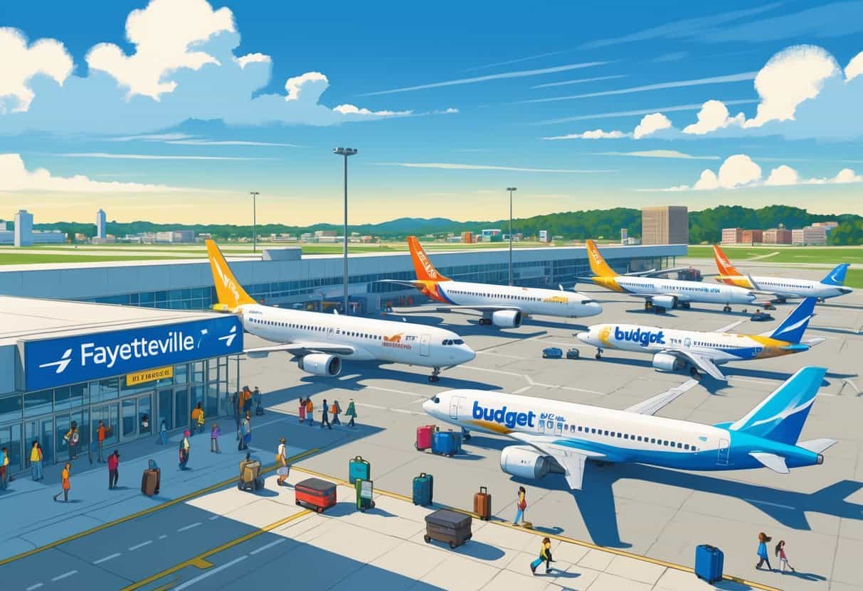 An airport scene in Fayetteville, North Carolina, showing budget airline airplanes parked at gates with travelers walking nearby and the city skyline in the background.