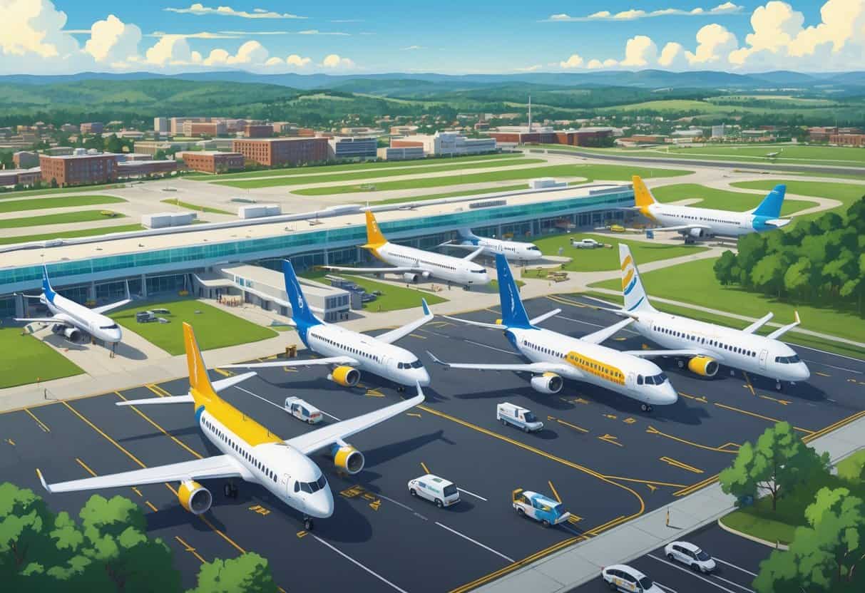 Aerial view of Fayetteville airport with budget airline planes on runways and gates, Fayetteville cityscape in the background.