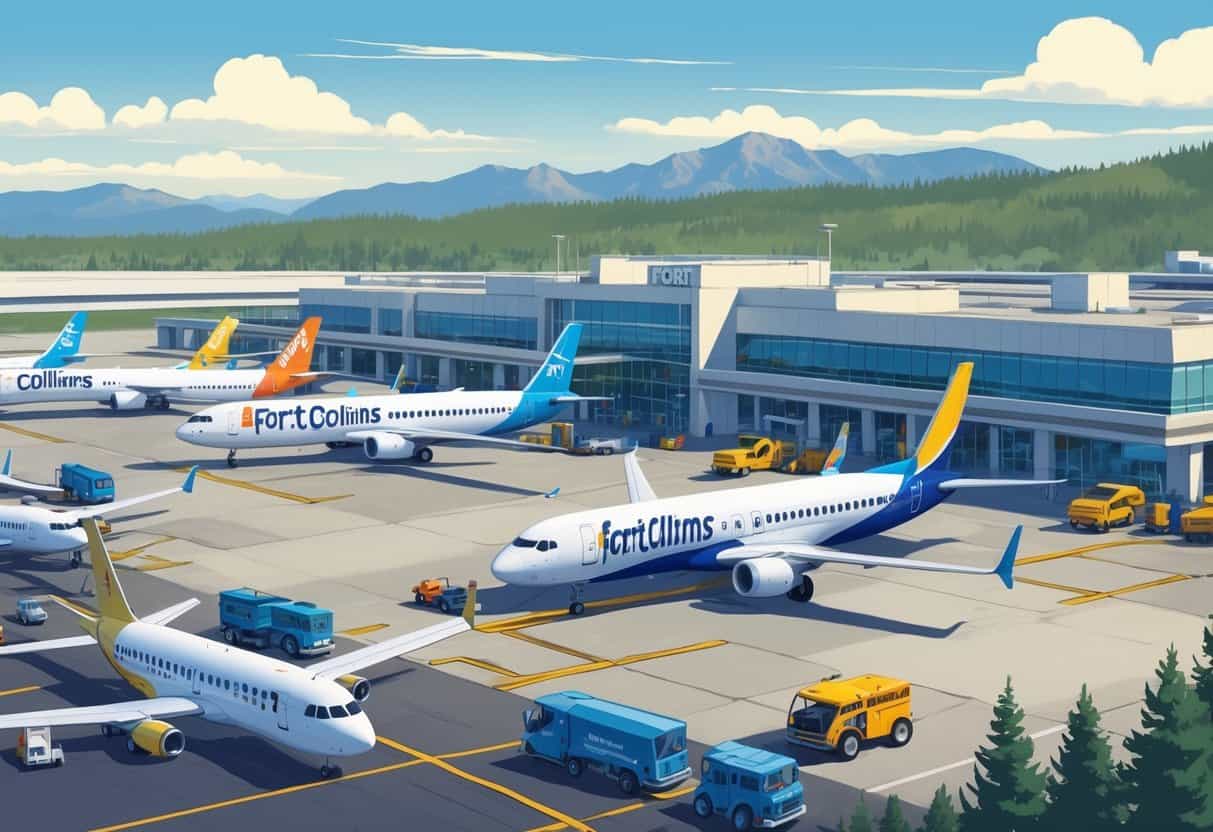 Airplanes from budget airlines parked at Fort Collins airport with mountains in the background and ground vehicles servicing the planes.