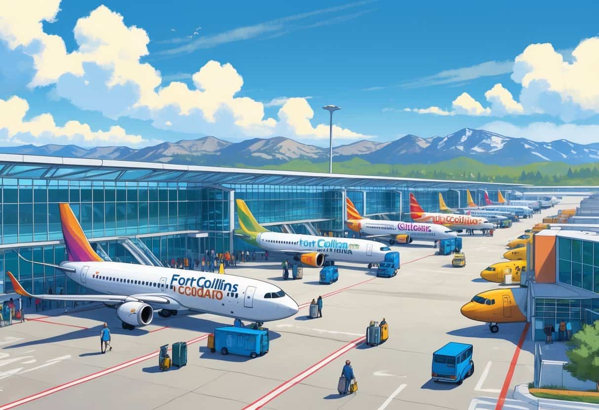An airport in Fort Collins with budget airplanes parked at gates and passengers walking toward the terminal, set against the Rocky Mountains.
