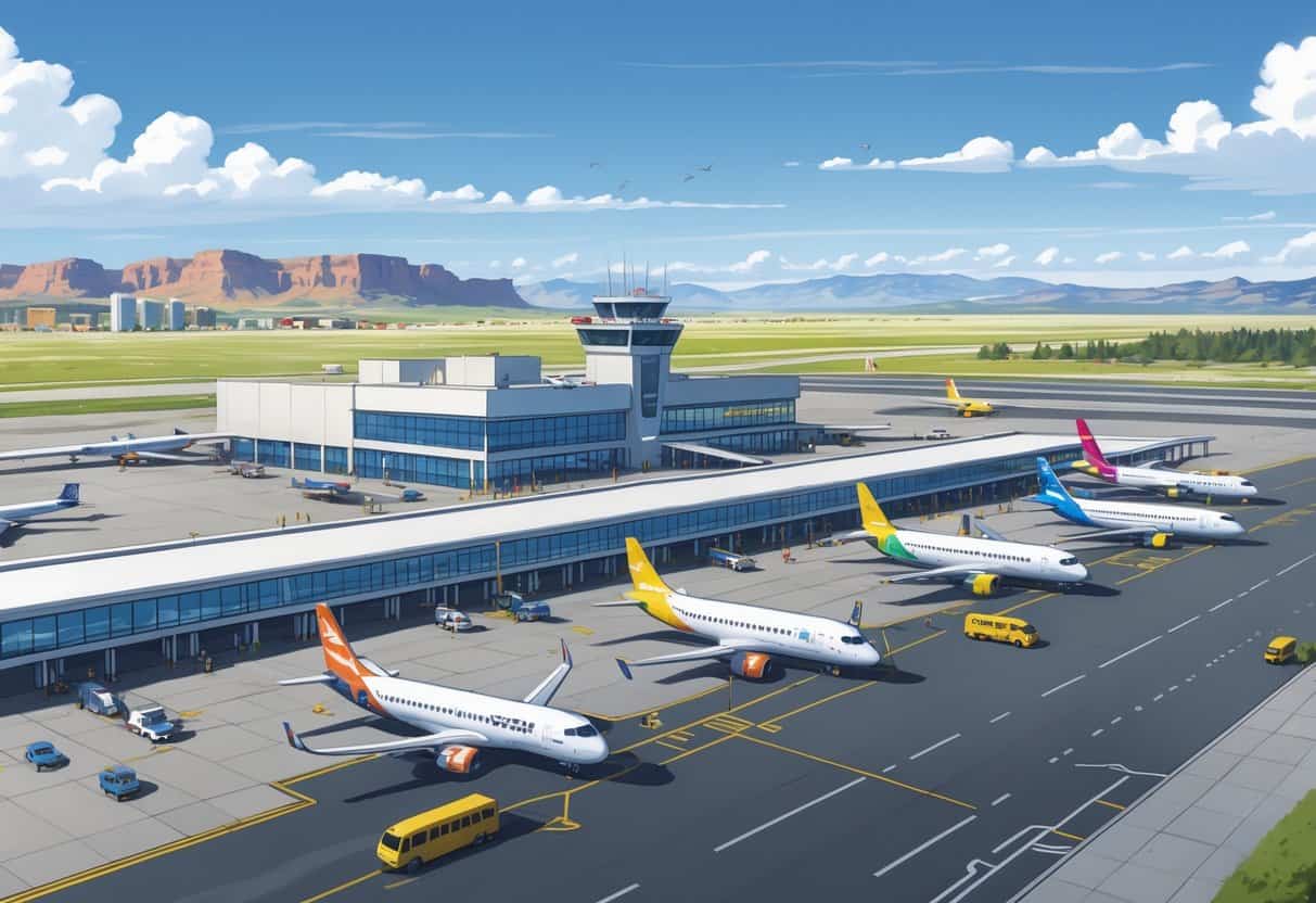 Airport scene in Greeley, Colorado showing budget airplanes at gates, a terminal building, control tower, and surrounding landscape with mountains in the background.