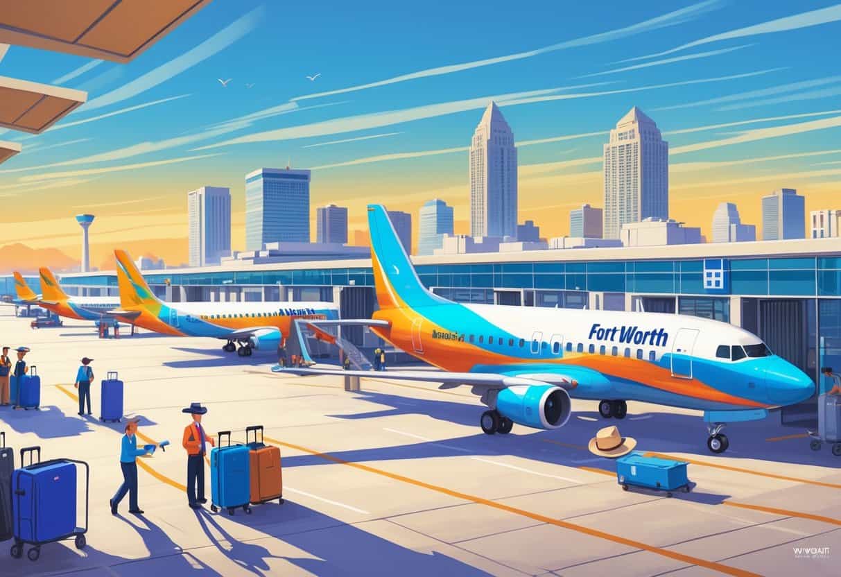 An airport scene in Fort Worth, Texas, showing several small airplanes at gates with passengers and ground crew, and the city skyline in the background.