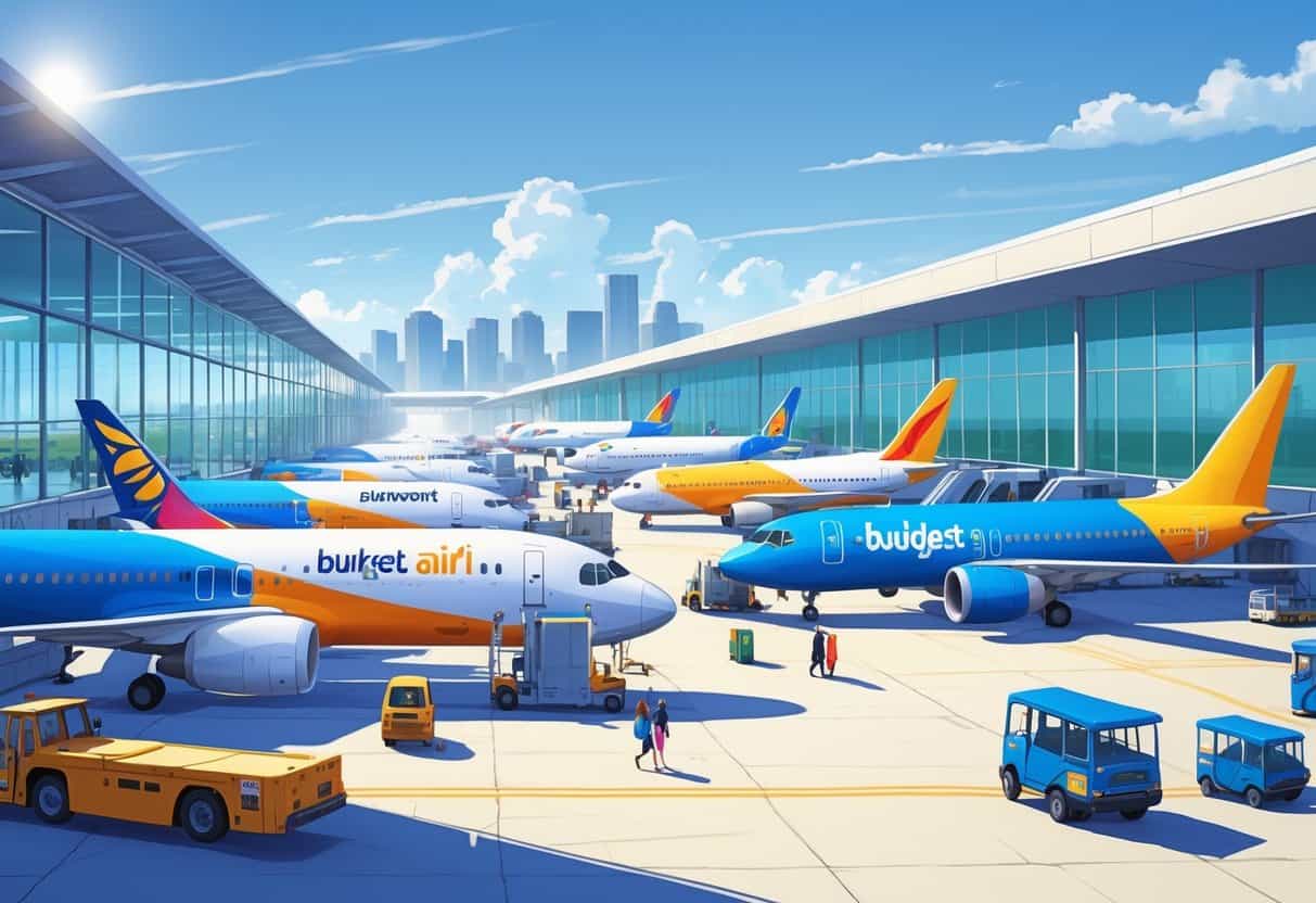 Busy airport scene in Fort Worth with budget airplanes parked at gates, travelers walking, and the city skyline in the background.