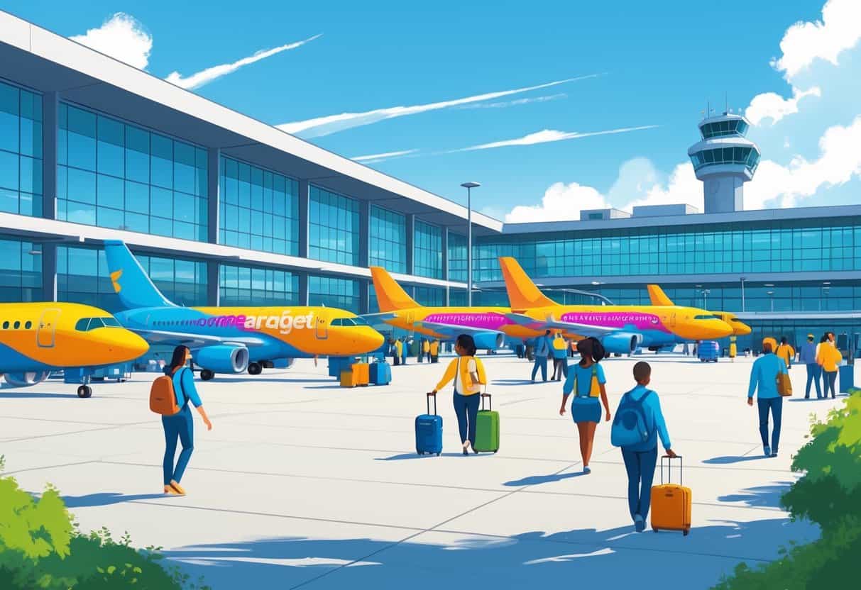 A busy airport terminal in Greensboro with colorful budget airplanes and diverse passengers moving about, set against a clear sky and local greenery.