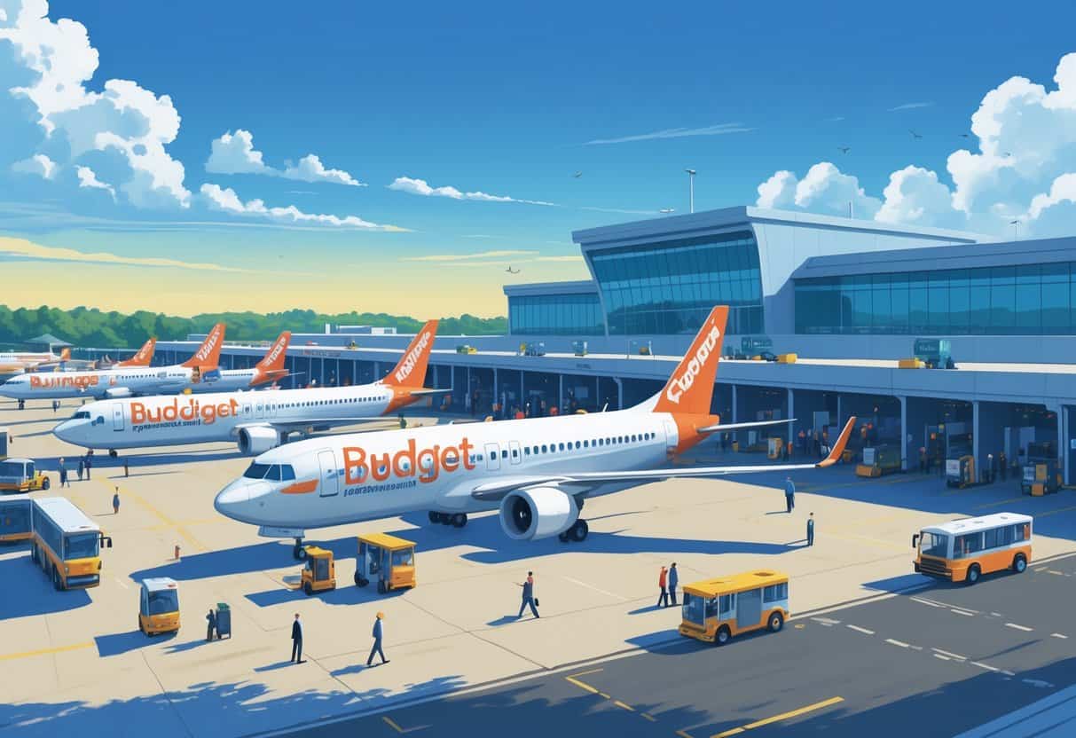 An airport in Greensboro, North Carolina, with several budget airline airplanes at gates and people moving around the terminal under a clear sky.