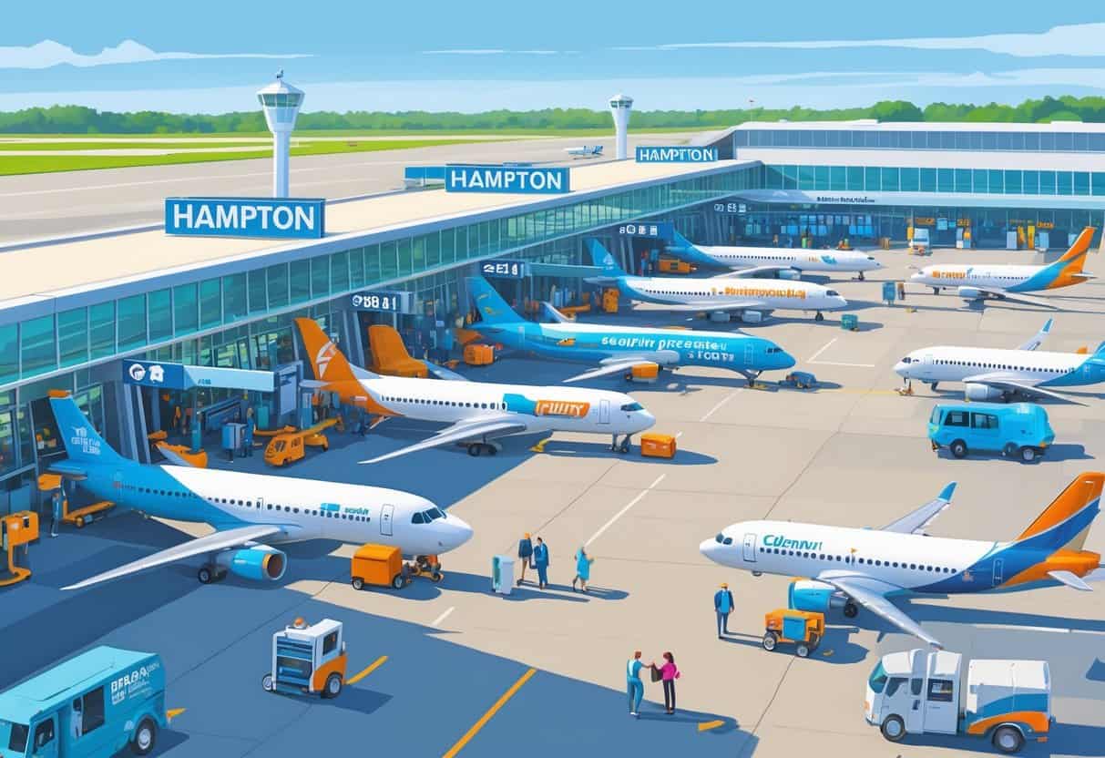 An airport scene in Hampton, Virginia with several budget airplanes parked at gates and passengers moving through the terminal.