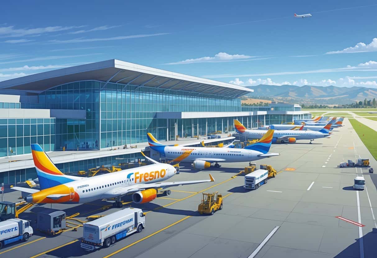 A busy Fresno Yosemite International Airport with airplanes parked at gates, ground vehicles moving around, and a plane taking off, surrounded by hills under a clear sky.
