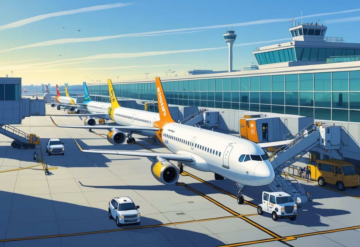 An airport scene in Hampton, Virginia showing several budget airplanes parked at gates with ground vehicles and passengers boarding under clear daylight.