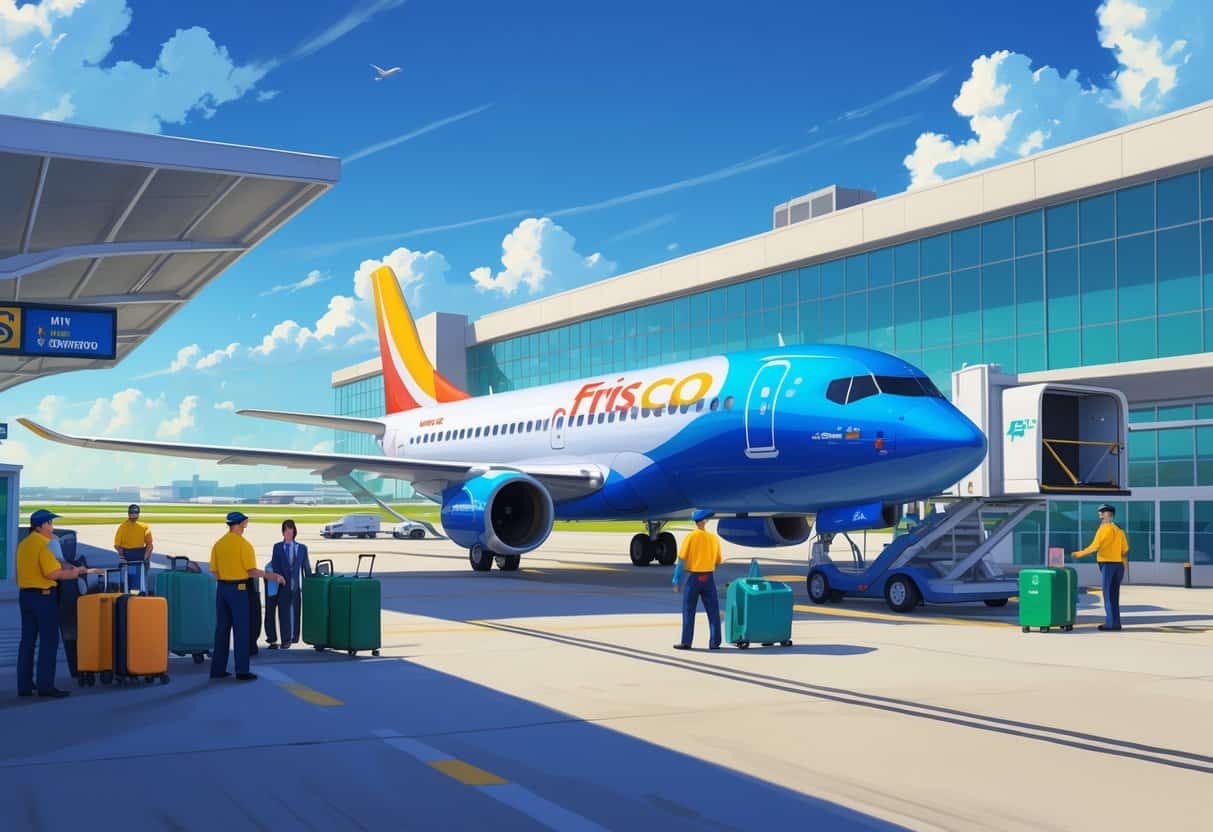 A busy airport scene in Frisco, Texas, showing a budget airline airplane at a terminal with ground crew and airport vehicles nearby.