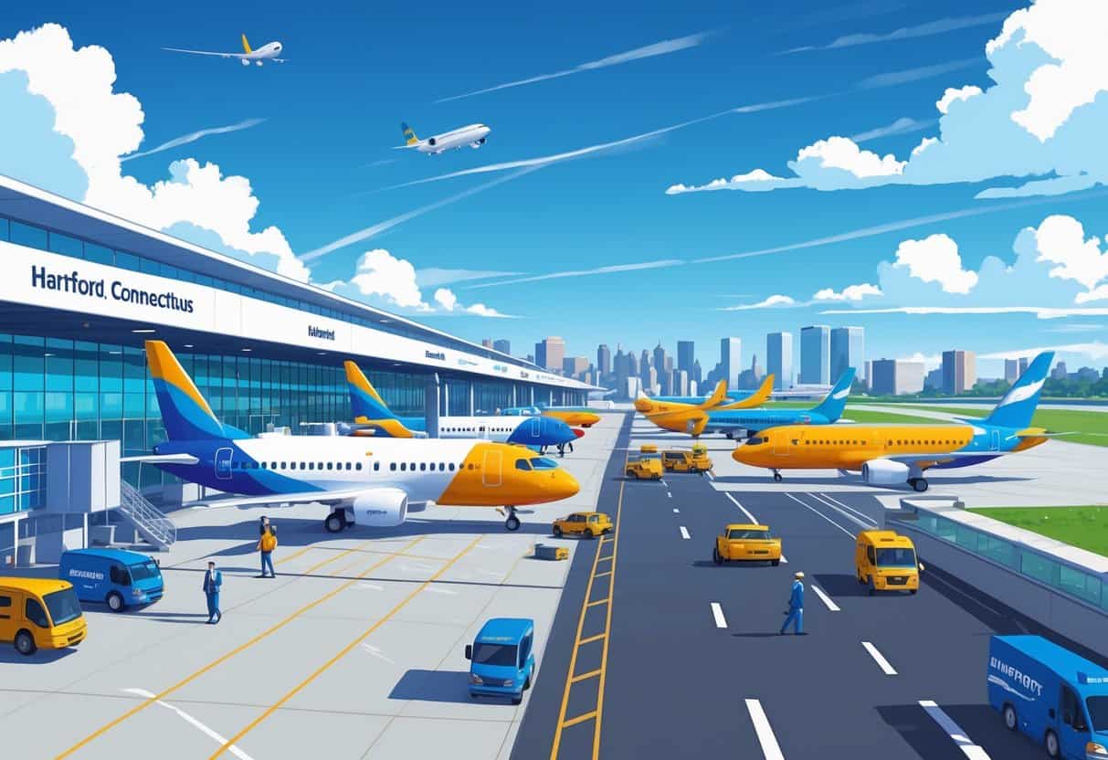 An airport scene in Hartford, Connecticut showing budget airplanes parked and taxiing near the terminal with the city skyline in the background.