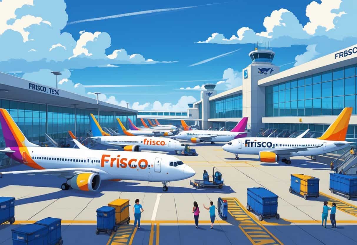 An airport scene in Frisco, Texas with several colorful budget airplanes at gates, passengers boarding, and airport staff assisting travelers under a clear blue sky.