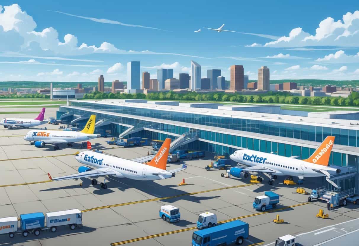 An airport in Hartford with several budget airline planes at gates, ground vehicles servicing them, and the city skyline in the background.