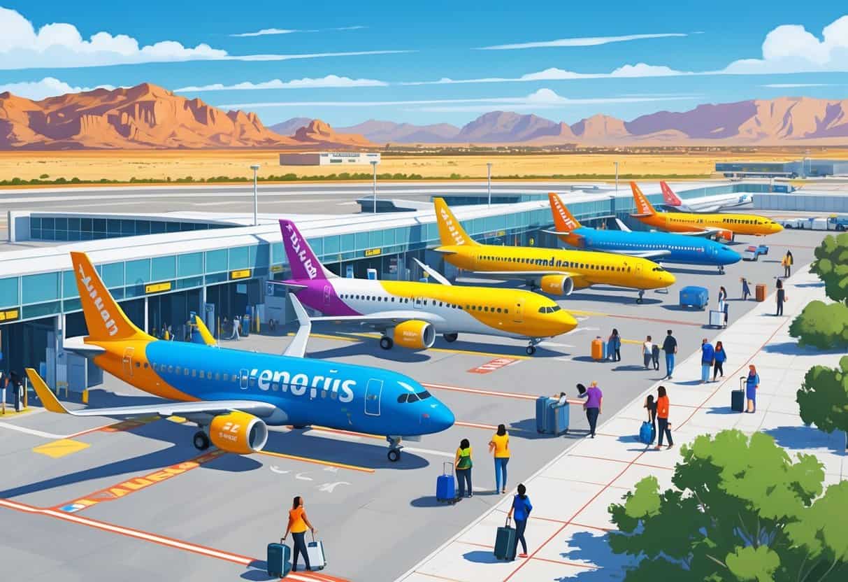An airport scene in Henderson, Nevada with budget airline planes at gates, travelers walking with luggage, and mountains in the background.