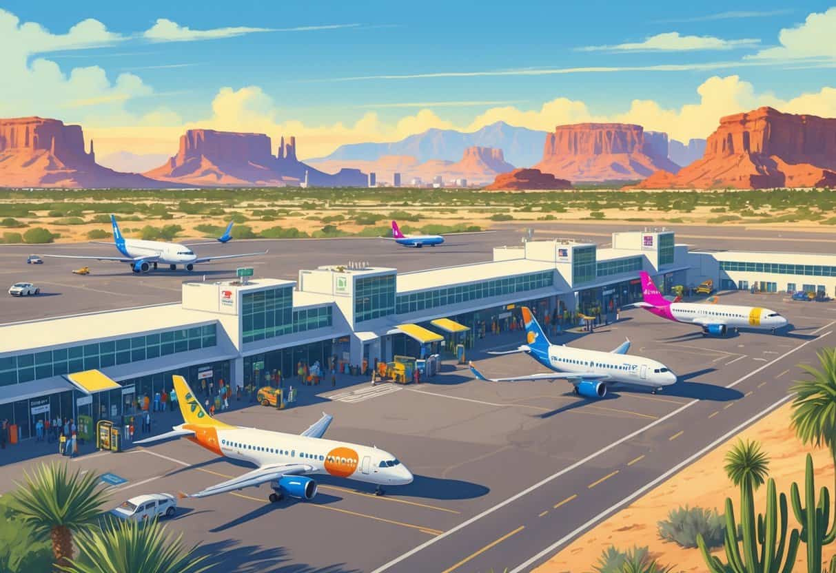 An airport in Gilbert, Arizona with budget airplanes, travelers, desert plants, and a city skyline in the background on a sunny day.