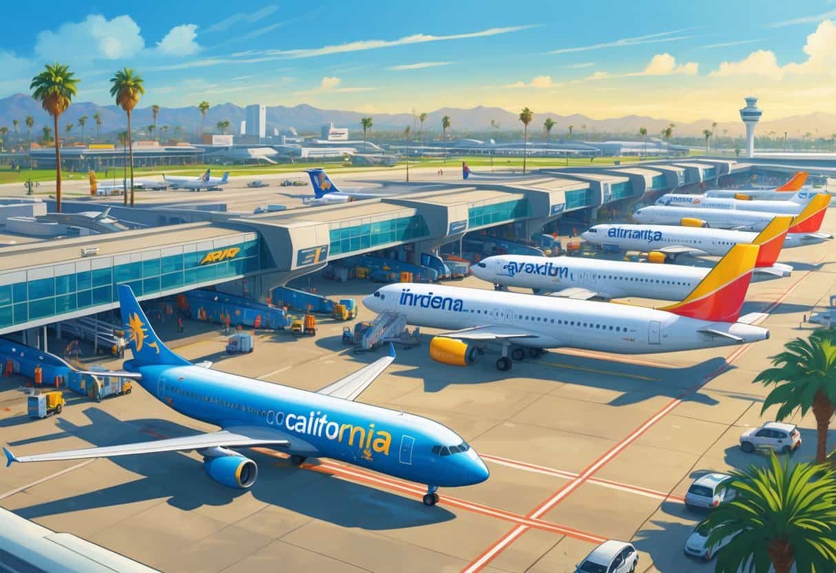 A busy airport in Garden Grove, California with budget airline airplanes on the runway and travelers moving around under clear blue skies.