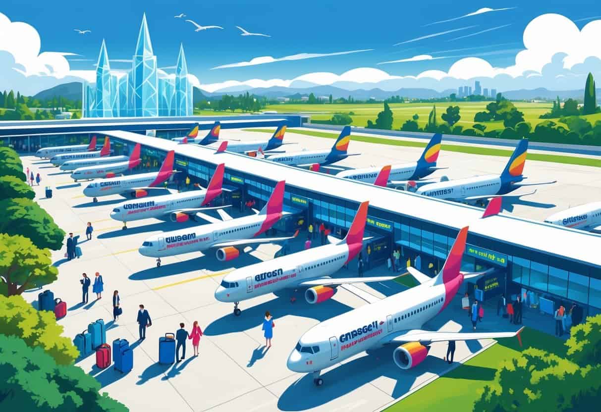 A busy airport in Garden Grove with budget airline planes at gates, travelers with luggage, airport staff, and city landmarks in the background.