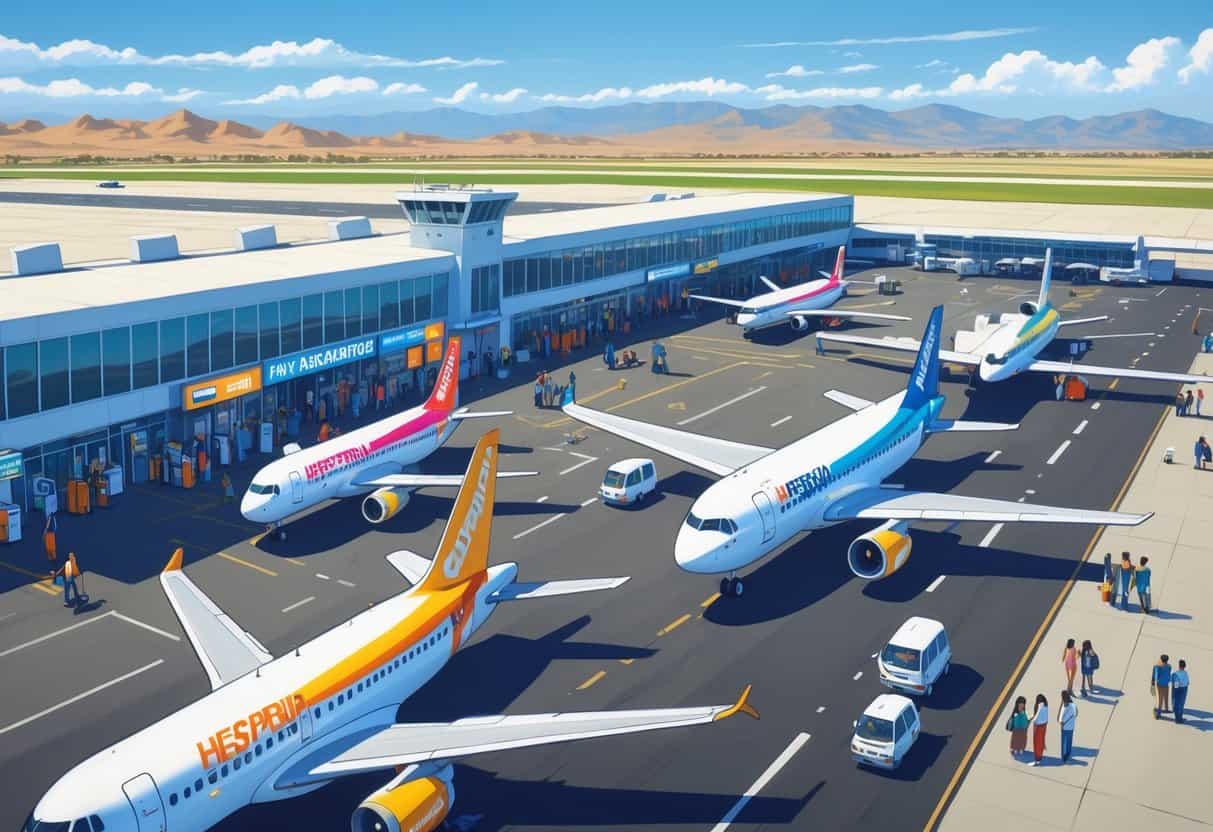 An airport scene in Hesperia, California with budget airline airplanes parked and taxiing, passengers walking with luggage, and staff assisting travelers under a clear sky with mountains in the background.