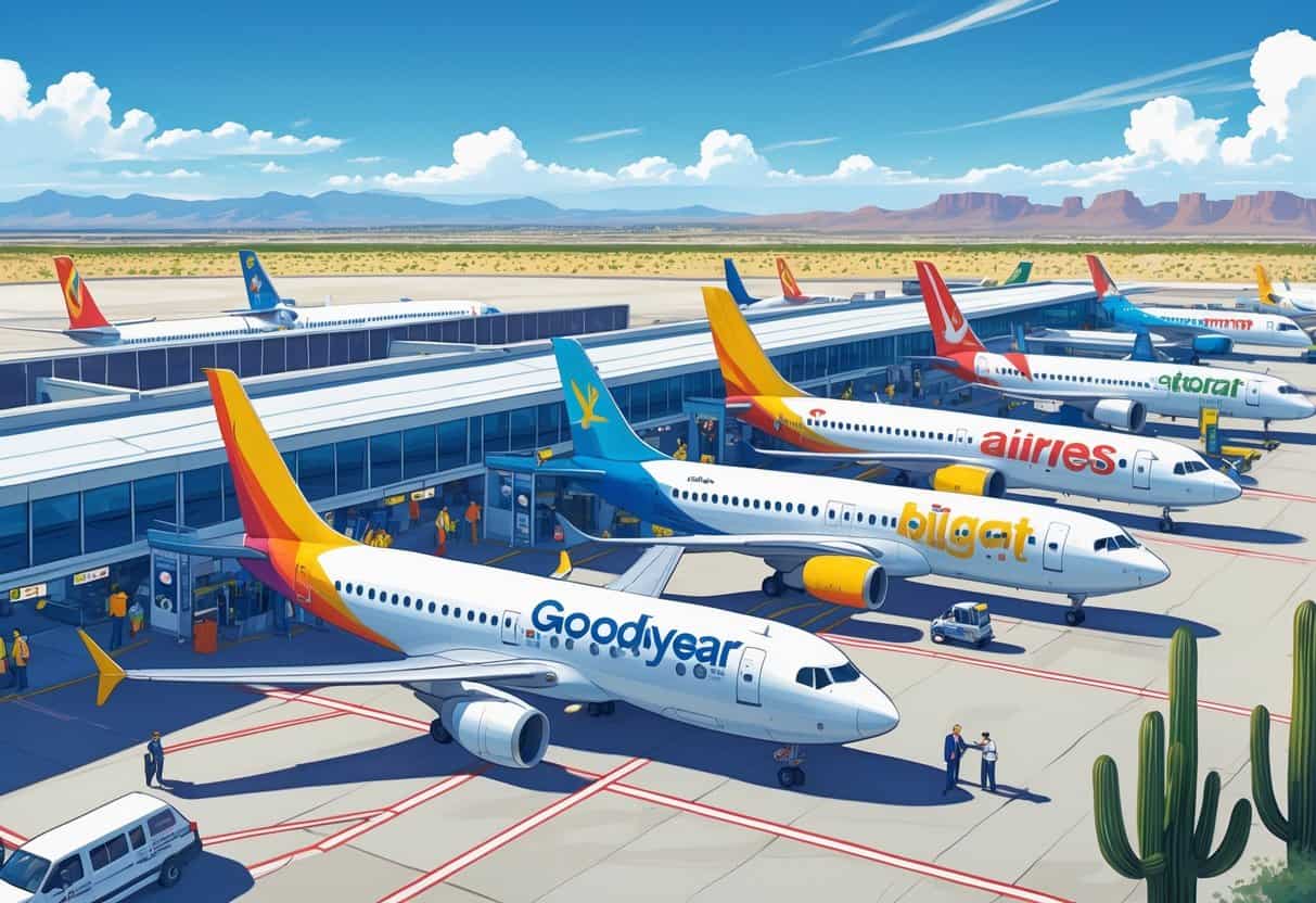 An airport in Goodyear, Arizona with several colorful budget airplanes parked by the terminal, surrounded by desert landscape with cacti and mountains.