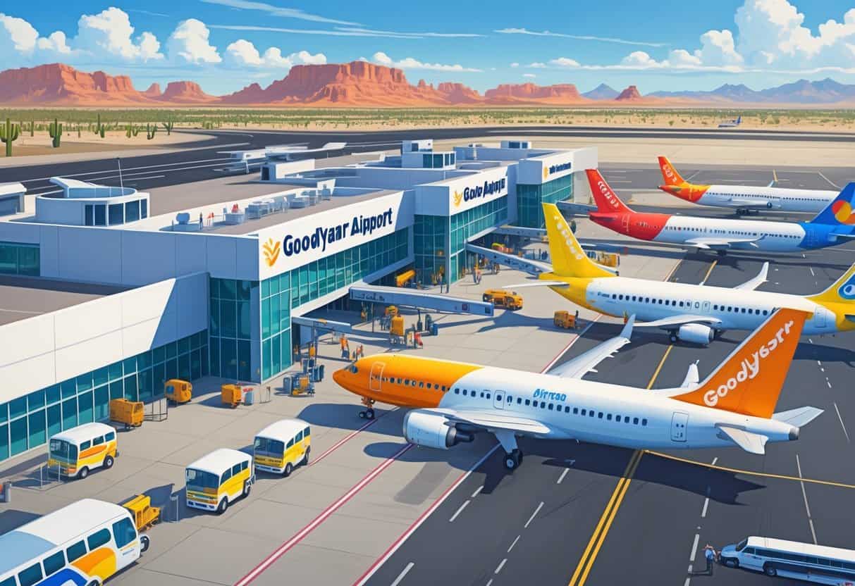 A busy airport terminal with several budget airplanes parked and taxiing, surrounded by desert landscape with cacti and mountains under a clear blue sky.