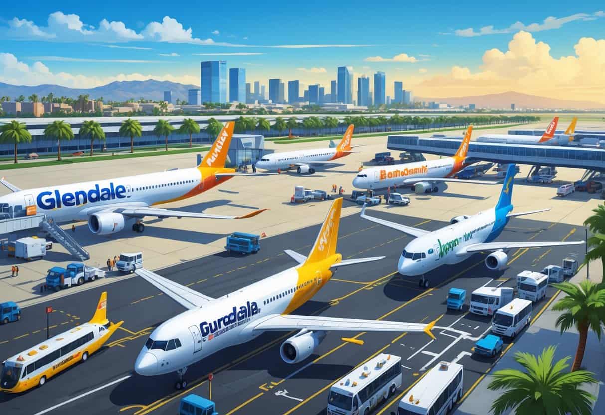 An airport in Glendale, California with several budget airline airplanes on the runway and gates, surrounded by city buildings and palm trees.