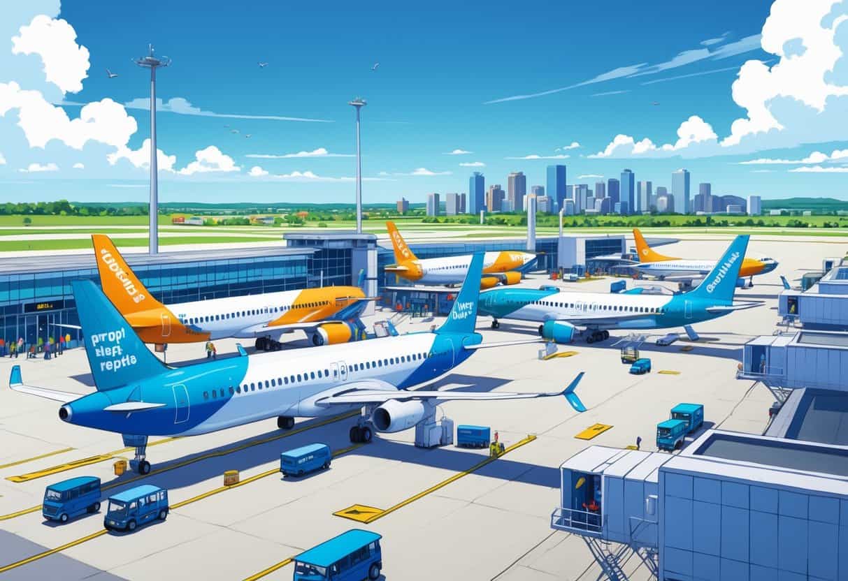 An airport in Grand Rapids, Michigan with budget airline airplanes at gates, travelers and staff moving around, and the city skyline in the background.