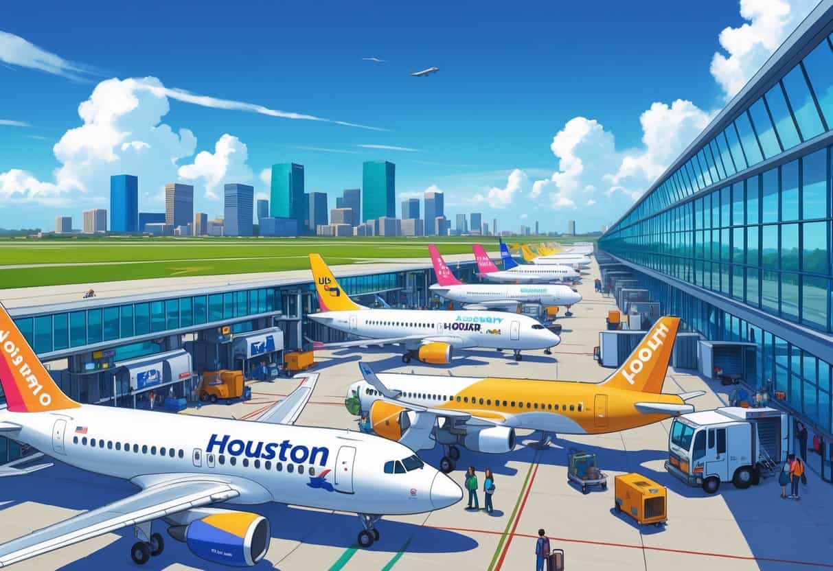 An airport scene in Houston with several colorful budget airplanes parked at gates, ground crew working, passengers walking, and the Houston skyline in the background.