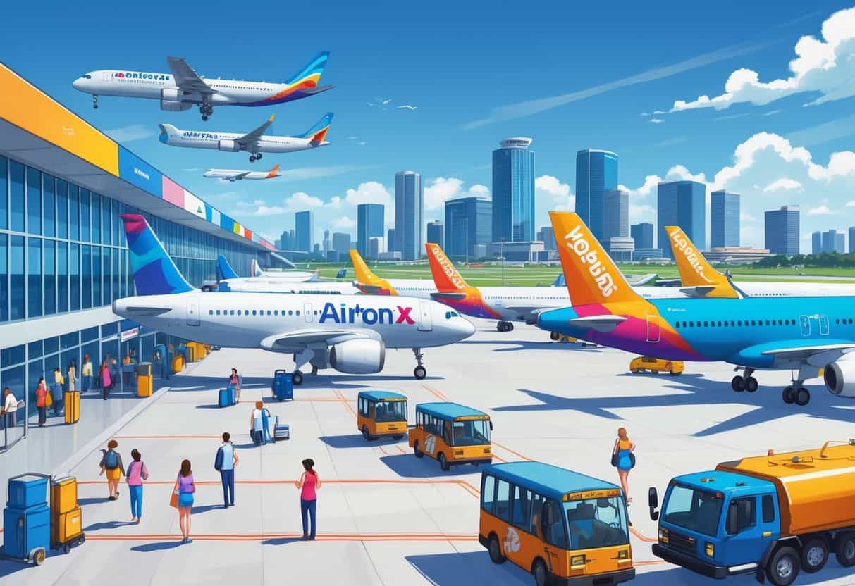 Airport scene in Houston with several budget airline planes at gates, passengers boarding, and Houston skyline in the background.