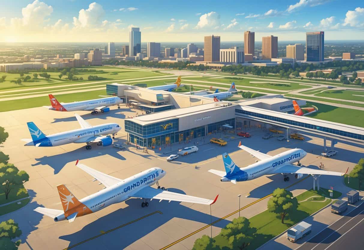 Aerial view of a regional airport in Grand Prairie, Texas, showing budget airplanes on the tarmac with nearby city landmarks and clear skies.